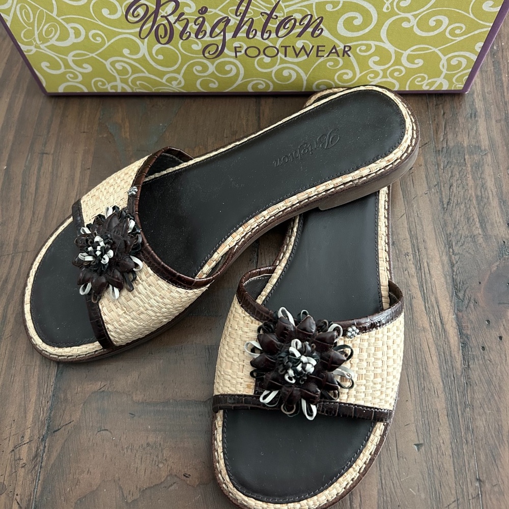 Brighton Sandals, Oasis Chocolate, Women 8.5M, Natural Straw w/ Brown Leather